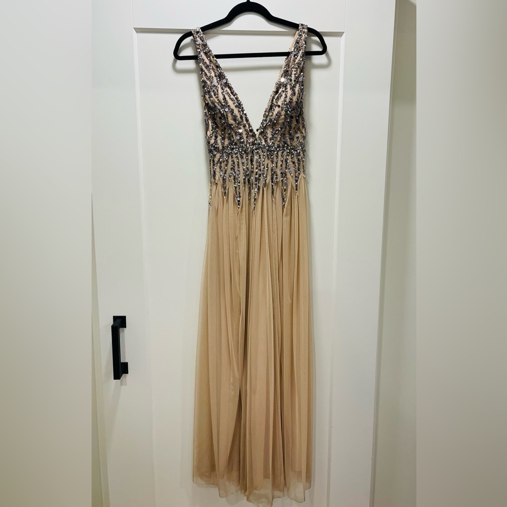 Nude/beige sequence, pearl evening dress/gown. Double slit.